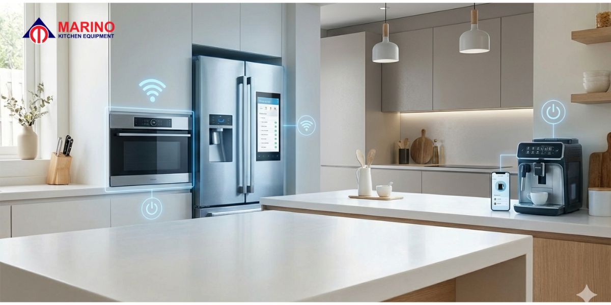 Modern kitchen appliances arranged in a stylish home kitchen setup