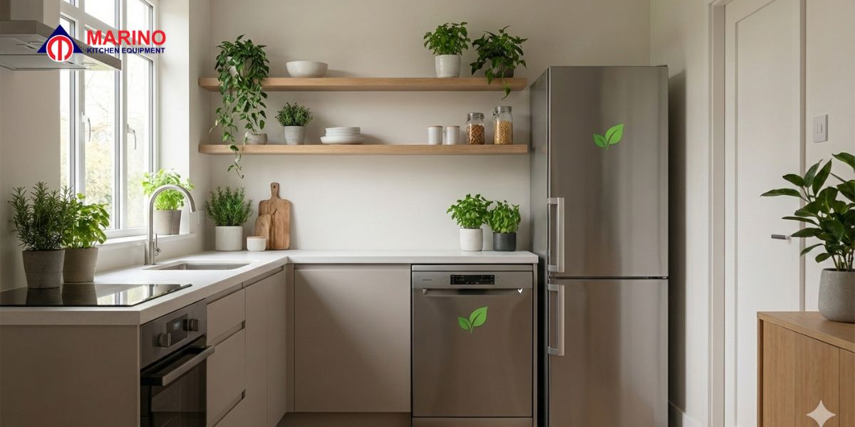 A clean and modern kitchen setup featuring essential kitchen appliances.
