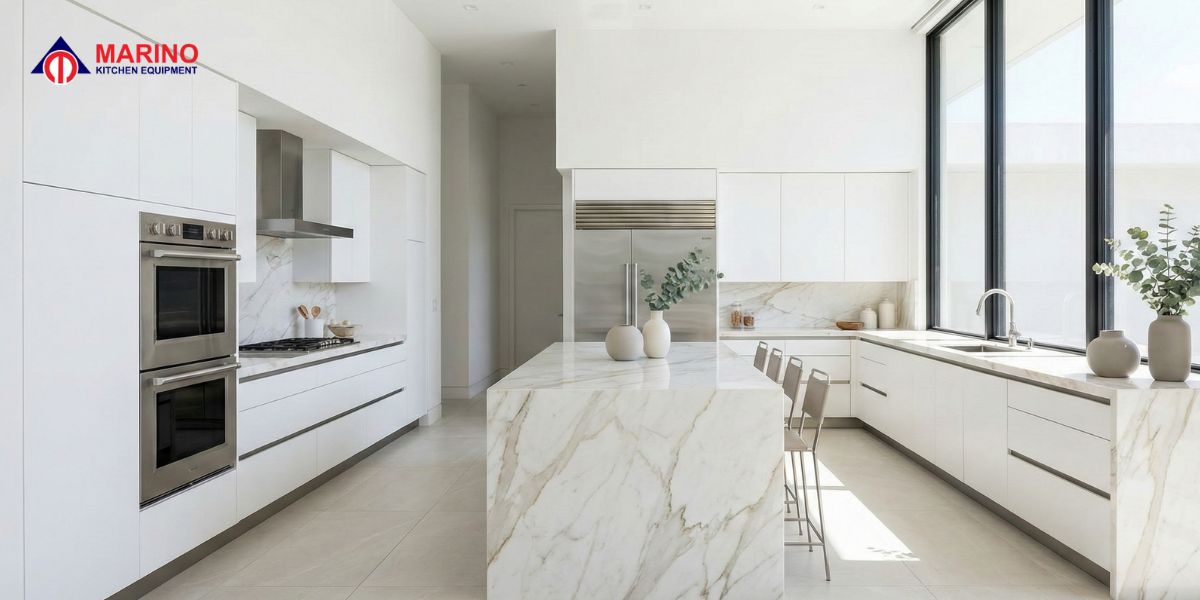 White kitchen cabinets with stainless steel appliances in a modern kitchen design