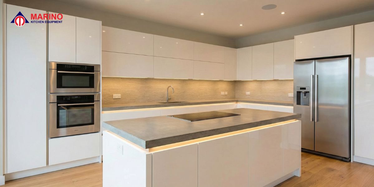 White kitchen cabinets with stainless steel appliances in a modern kitchen design