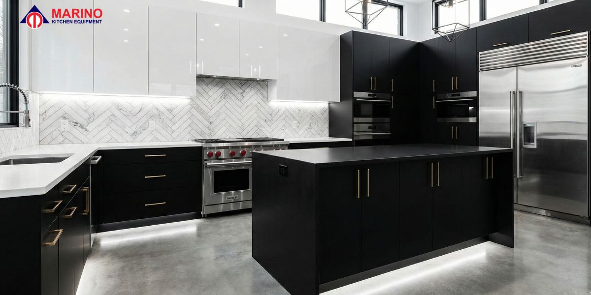 White kitchen cabinets with stainless steel appliances in a modern kitchen design