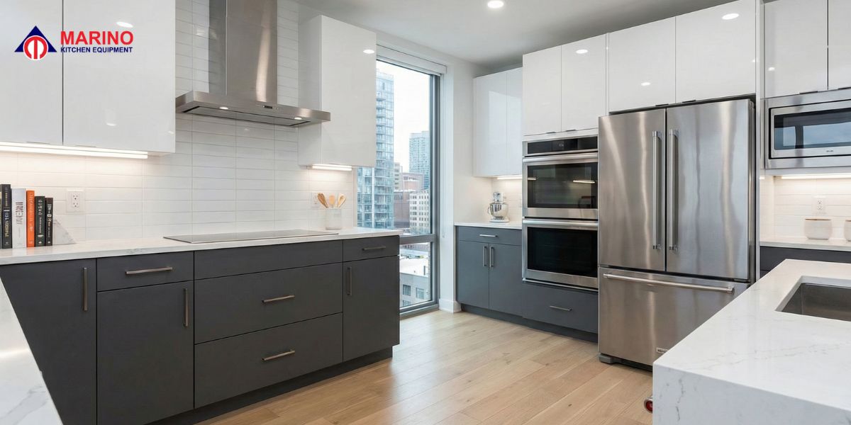 White kitchen cabinets with stainless steel appliances in a modern kitchen design