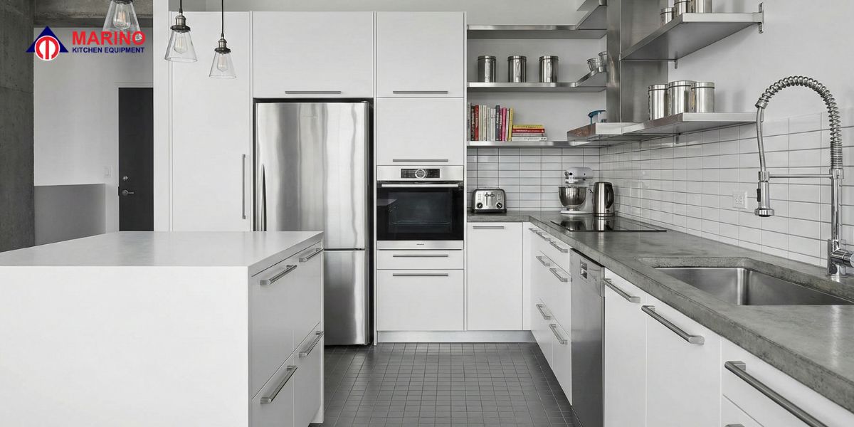 White kitchen cabinets with stainless steel appliances in a modern kitchen design