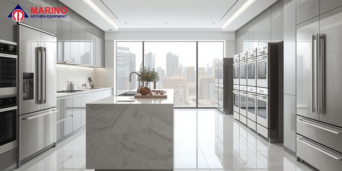Modern luxury kitchen design featuring stainless steel kitchen appliances Dubai with city view.