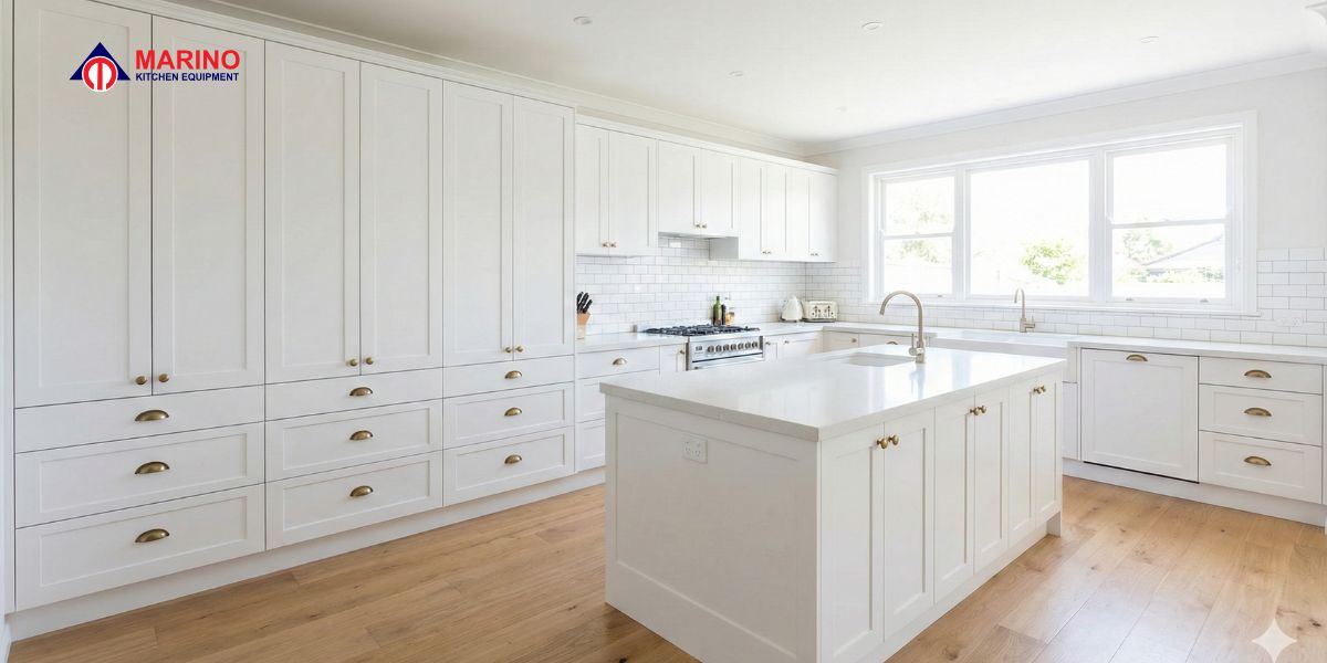 Modern white shaker kitchen cabinets with large island and wood flooring