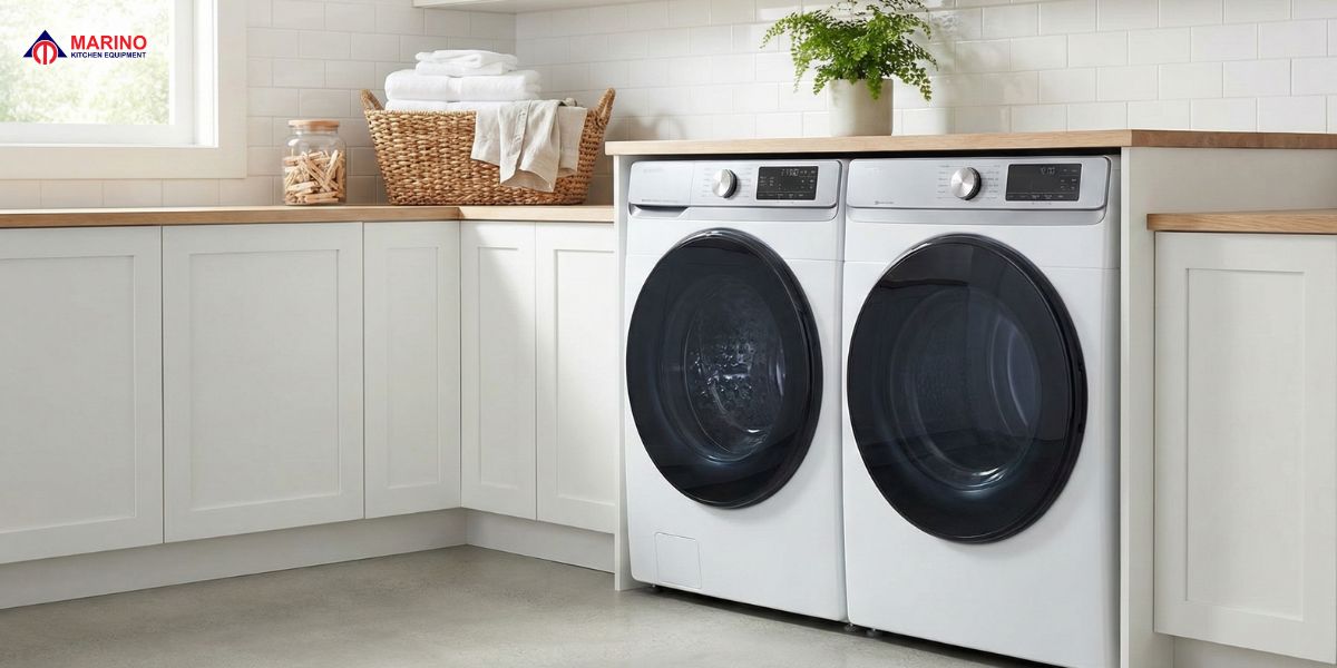 Modern washing machine in a clean home laundry space, showing different types of washers, daily use, cleaning, and maintenance