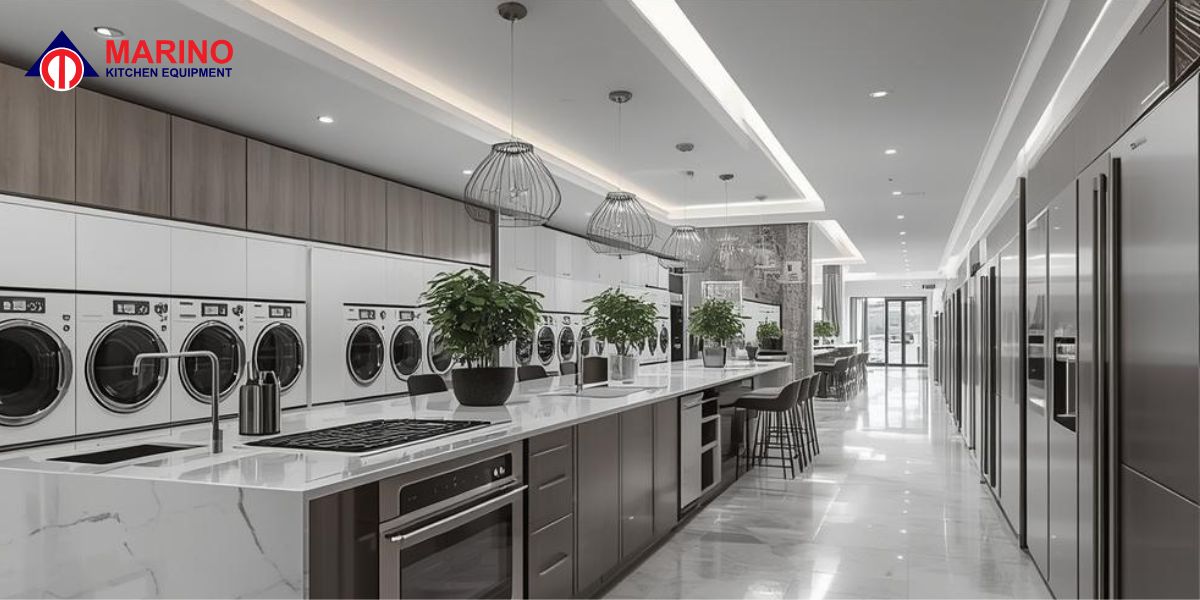 Modern luxury kitchen design featuring stainless steel kitchen appliances Dubai with city view.