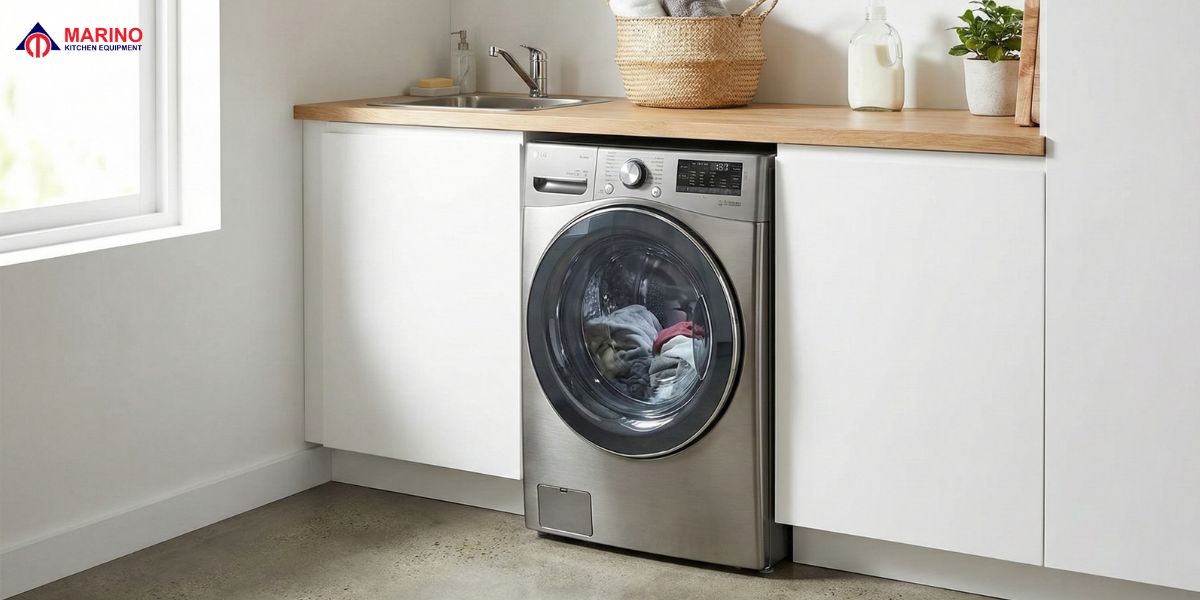 Modern washing machine in a clean home laundry space, showing different types of washers, daily use, cleaning, and maintenance