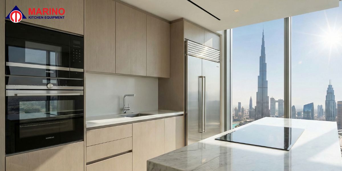 Modern luxury kitchen design featuring stainless steel kitchen appliances Dubai with city view.