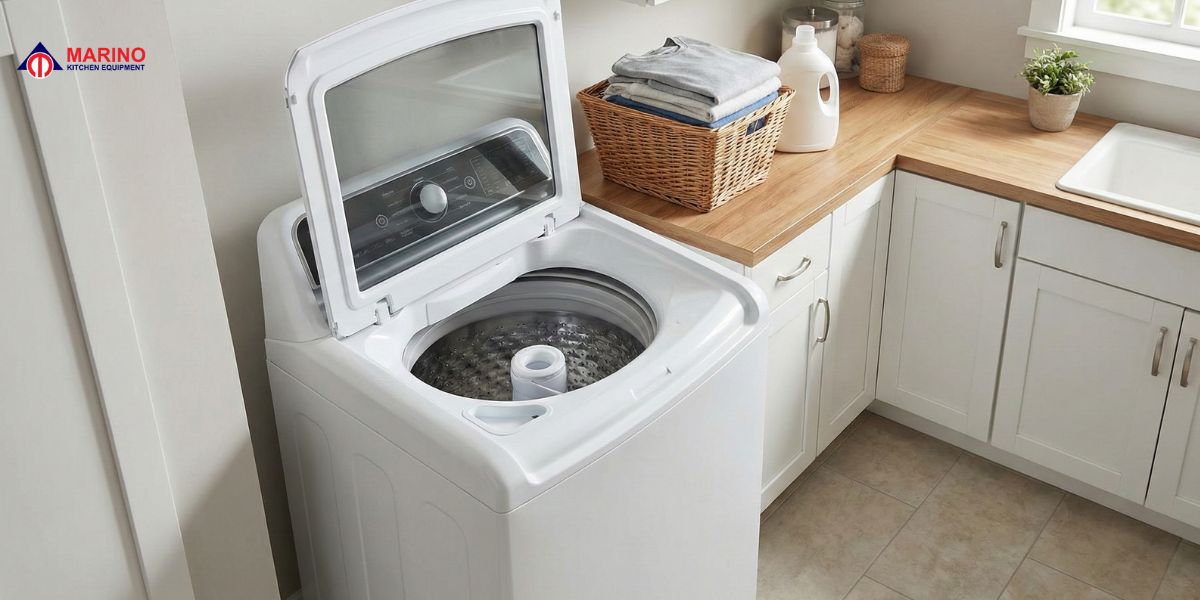 Modern washing machine in a clean home laundry space, showing different types of washers, daily use, cleaning, and maintenance