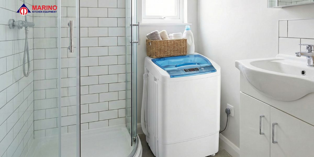 Modern washing machine in a clean home laundry space, showing different types of washers, daily use, cleaning, and maintenance