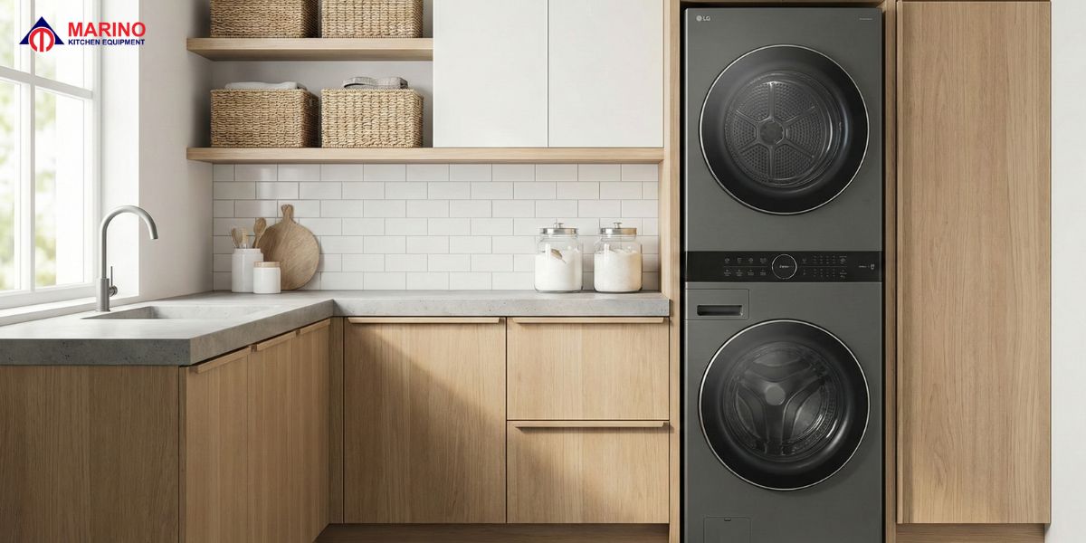 Modern washing machine in a clean home laundry space, showing different types of washers, daily use, cleaning, and maintenance