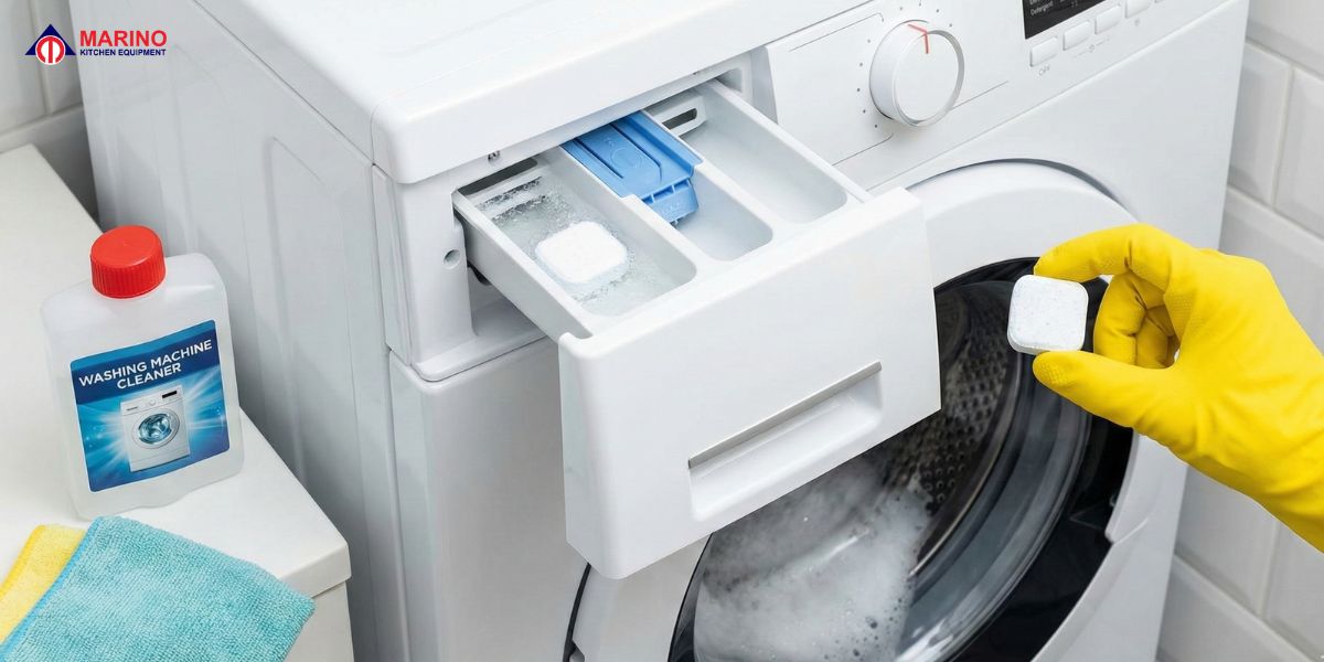 Modern washing machine in a clean home laundry space, showing different types of washers, daily use, cleaning, and maintenance