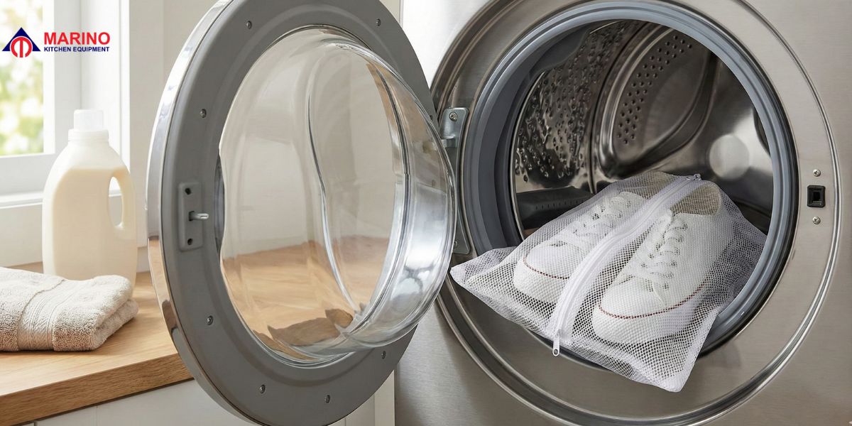 Modern washing machine in a clean home laundry space, showing different types of washers, daily use, cleaning, and maintenance