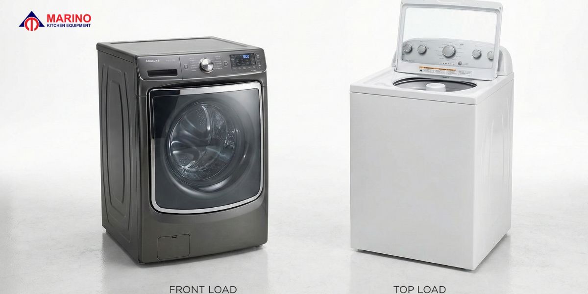 Modern washing machine in a clean home laundry space, showing different types of washers, daily use, cleaning, and maintenance
