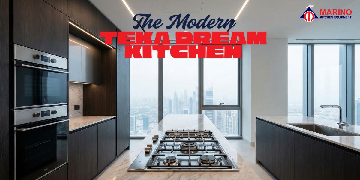Luxury modern kitchen design featuring integrated teka kitchen appliances dubai with city view.