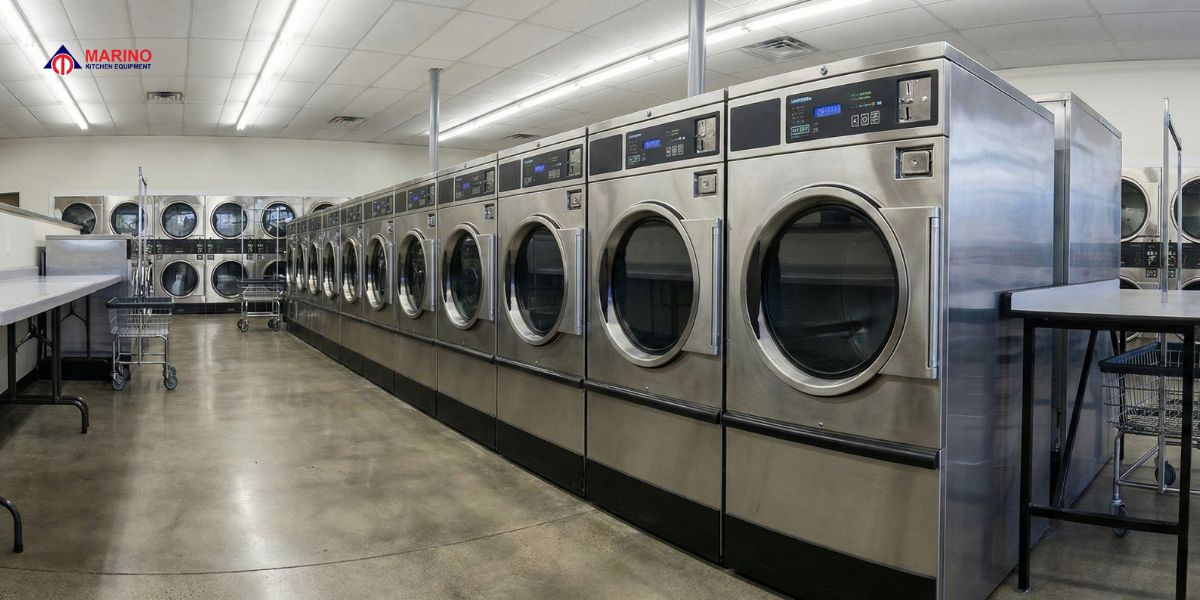 Modern washing machine in a clean home laundry space, showing different types of washers, daily use, cleaning, and maintenance