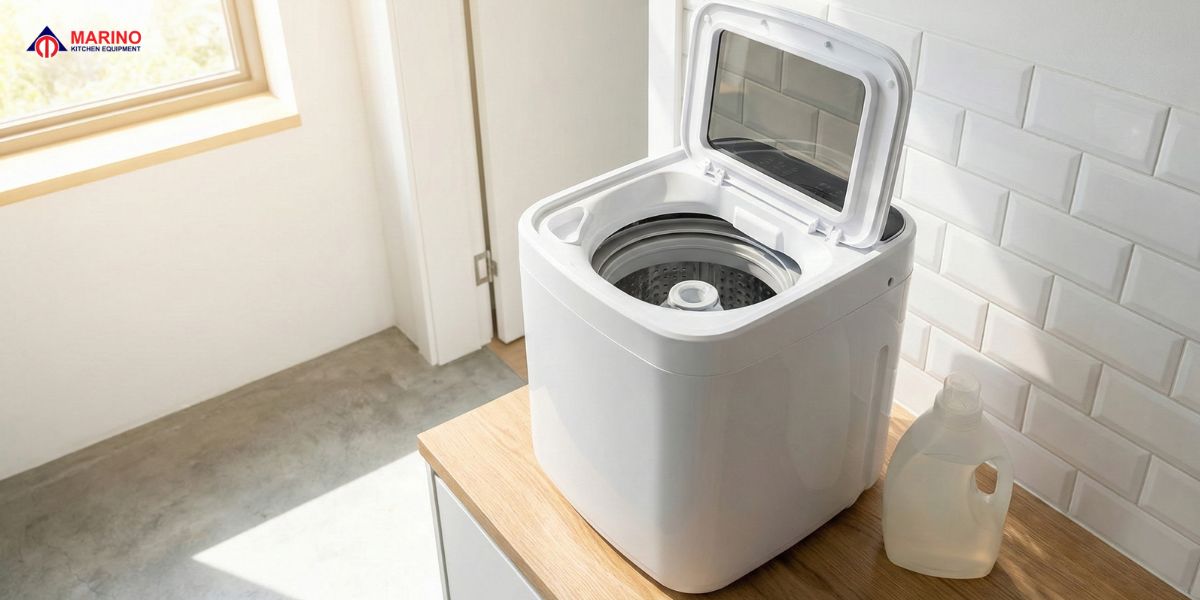 Mini portable washing machine, detergent compartment cleaning, step-by-step infographic, and travel washing machine outdoors.