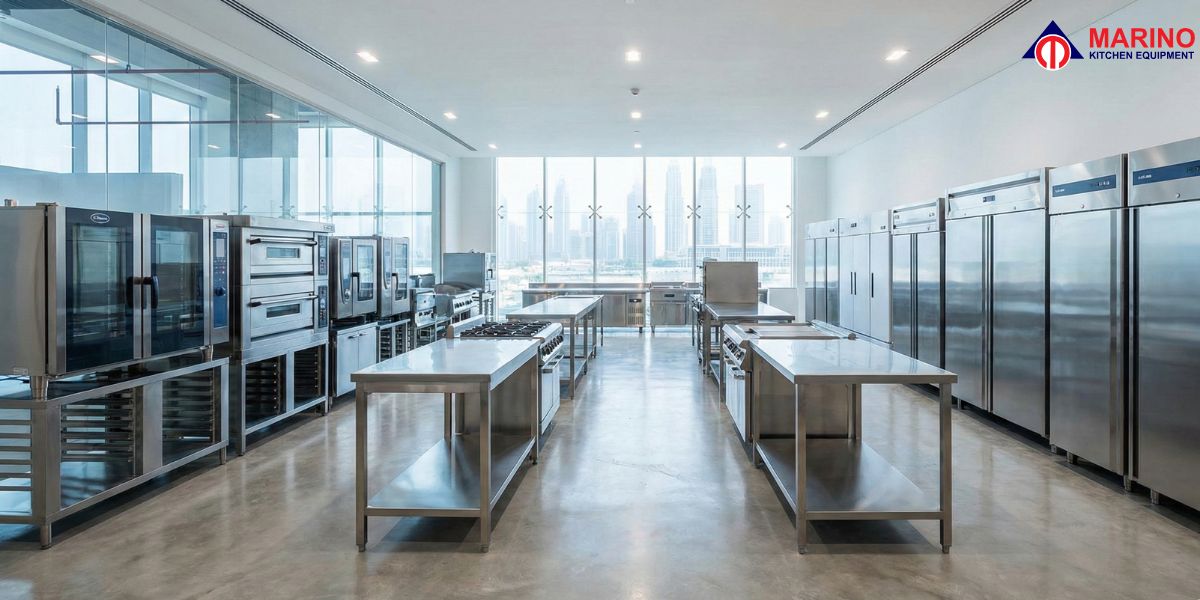 Modern showroom display of commercial kitchen equipment suppliers UAE featuring ovens and fridges.
