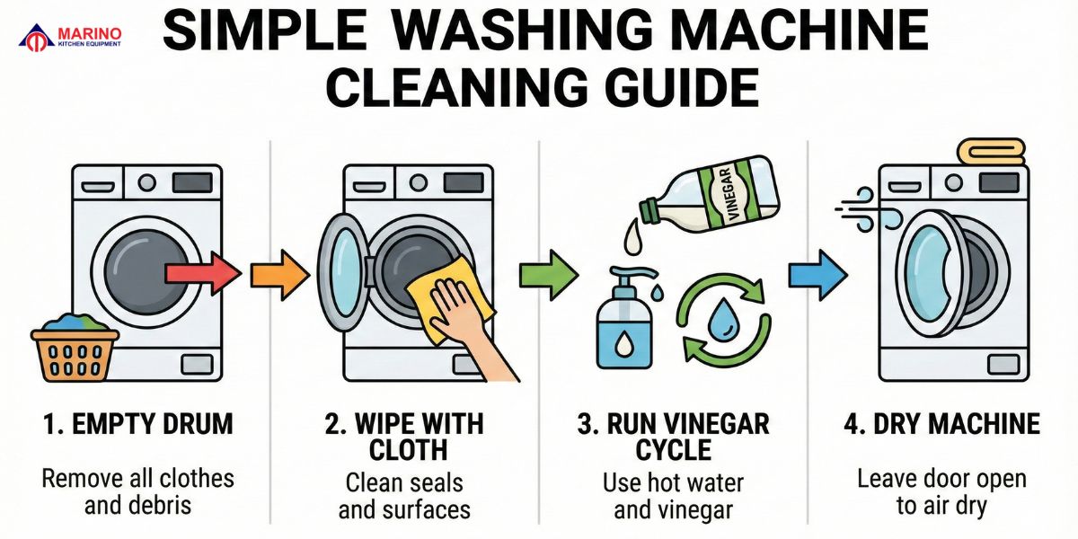 Mini portable washing machine, detergent compartment cleaning, step-by-step infographic, and travel washing machine outdoors.