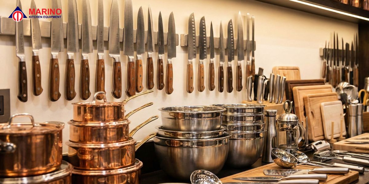 Modern showroom display of commercial kitchen equipment suppliers UAE featuring ovens and fridges.