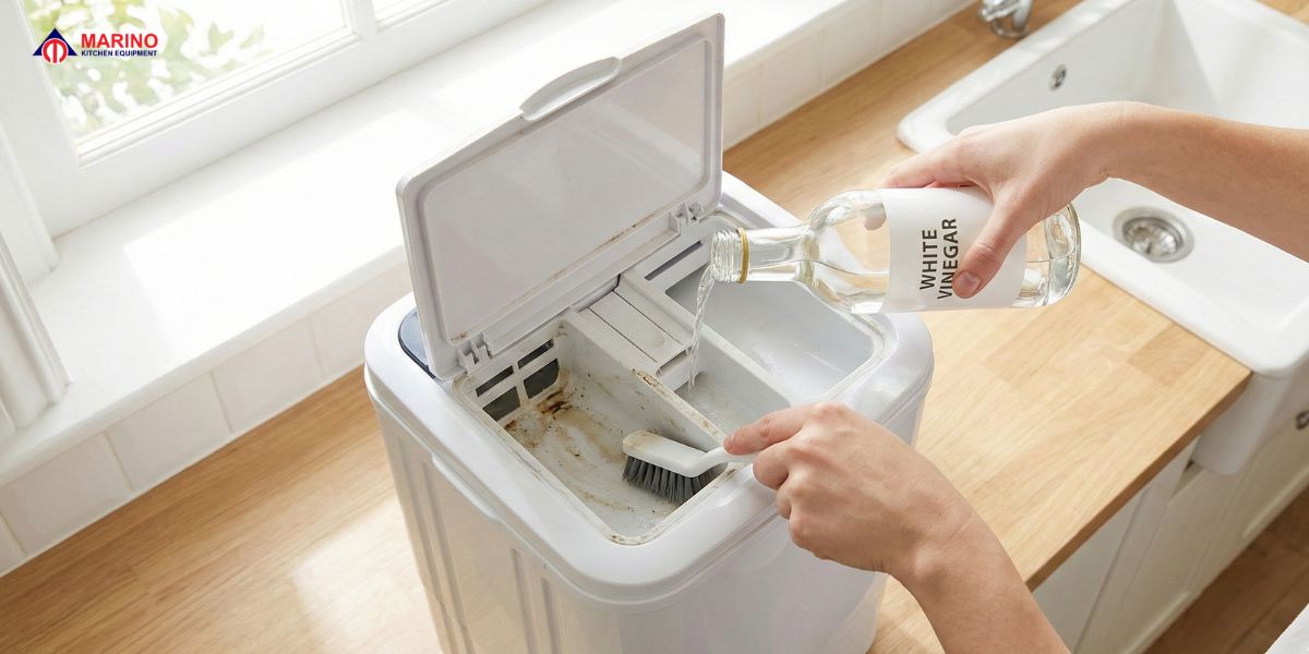 Mini portable washing machine, detergent compartment cleaning, step-by-step infographic, and travel washing machine outdoors.