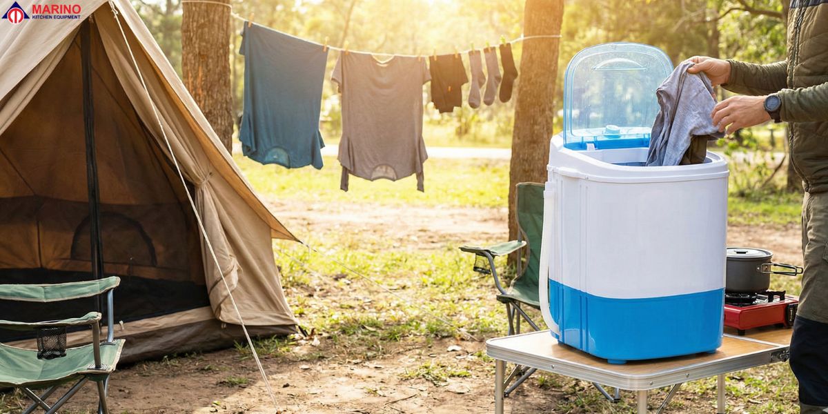 Mini portable washing machine, detergent compartment cleaning, step-by-step infographic, and travel washing machine outdoors.