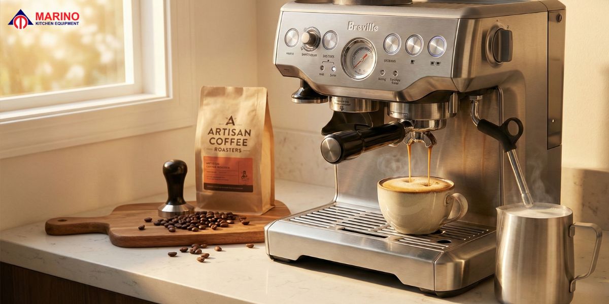 Modern home espresso machine with freshly brewed coffee and milk frother
