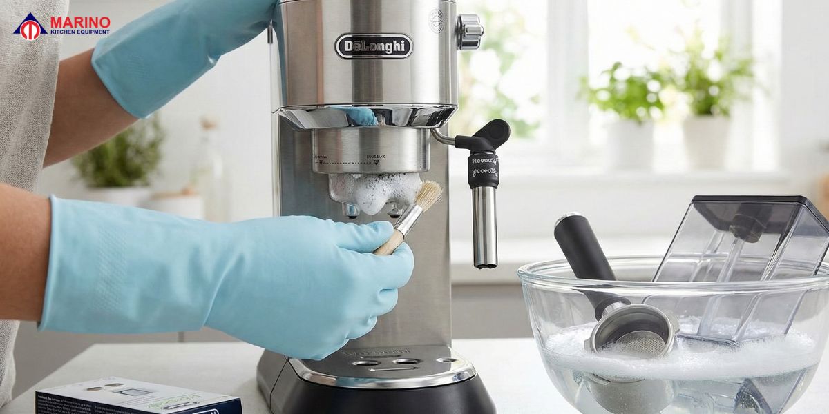 Modern home espresso machine with freshly brewed coffee and milk frother
