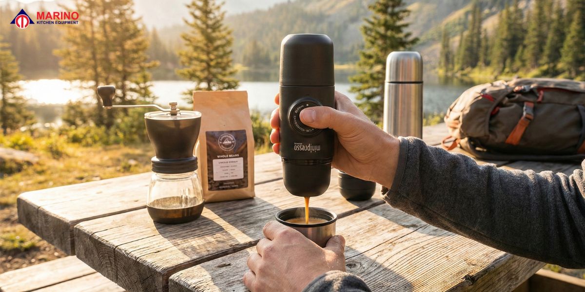 Modern home espresso machine with freshly brewed coffee and milk frother