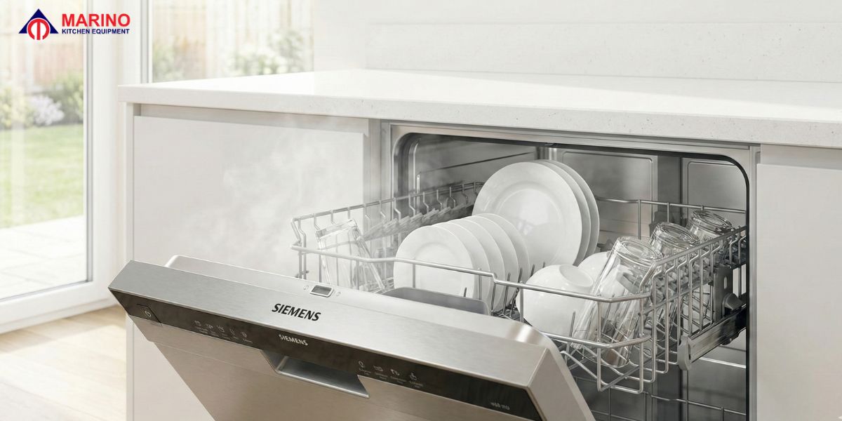 Modern luxury kitchen featuring Siemens built-in oven, refrigerator, and dishwasher with Marino Kitchen Dubai branding