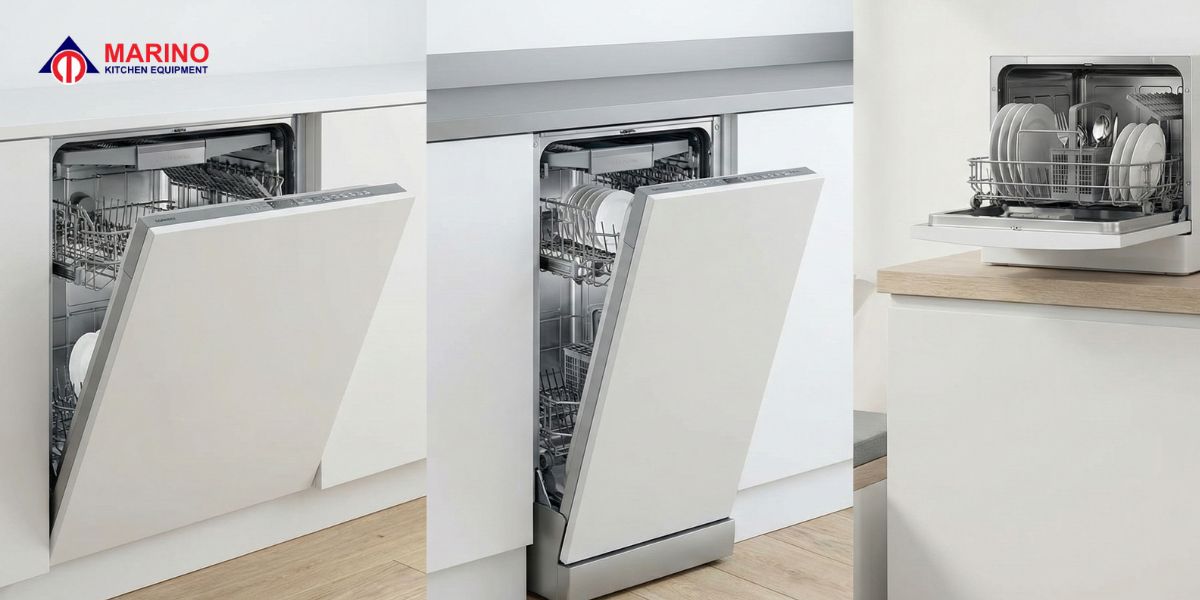 A sleek stainless steel built-in dishwasher machine installed in a luxury modern kitchen with wine glasses on the counter.