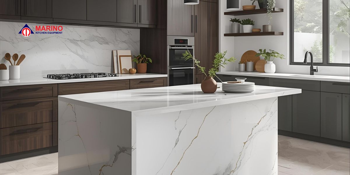 Modern luxury kitchen with dark walnut cabinets and white Calacatta gold quartz countertops