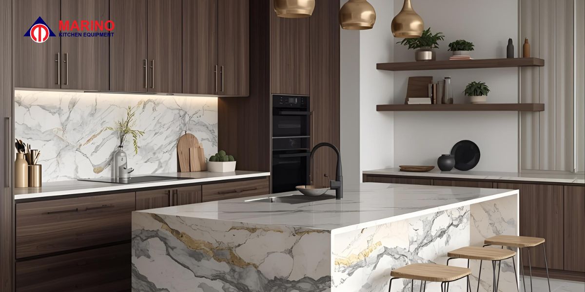 Modern luxury kitchen with dark walnut cabinets and white Calacatta gold quartz countertops