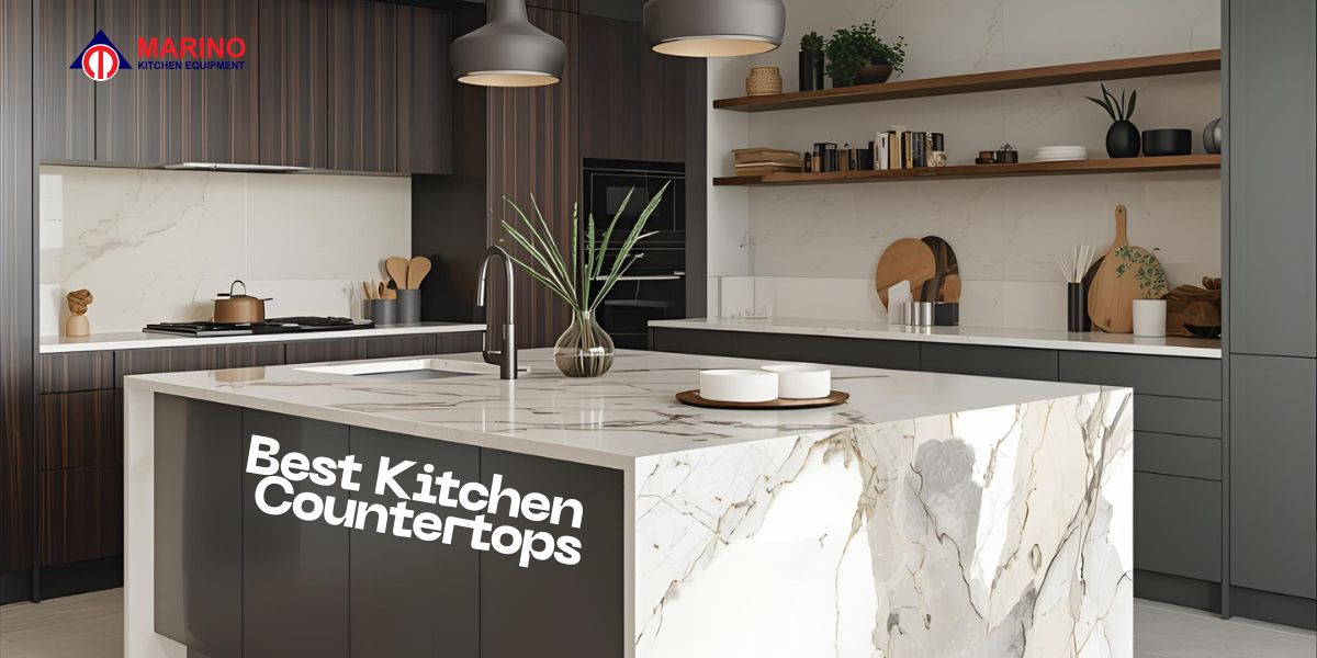 Modern luxury kitchen with dark walnut cabinets and white Calacatta gold quartz countertops
