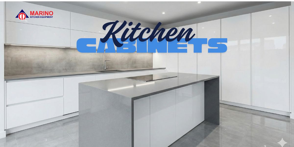 Modern white shaker kitchen cabinets with large island and wood flooring