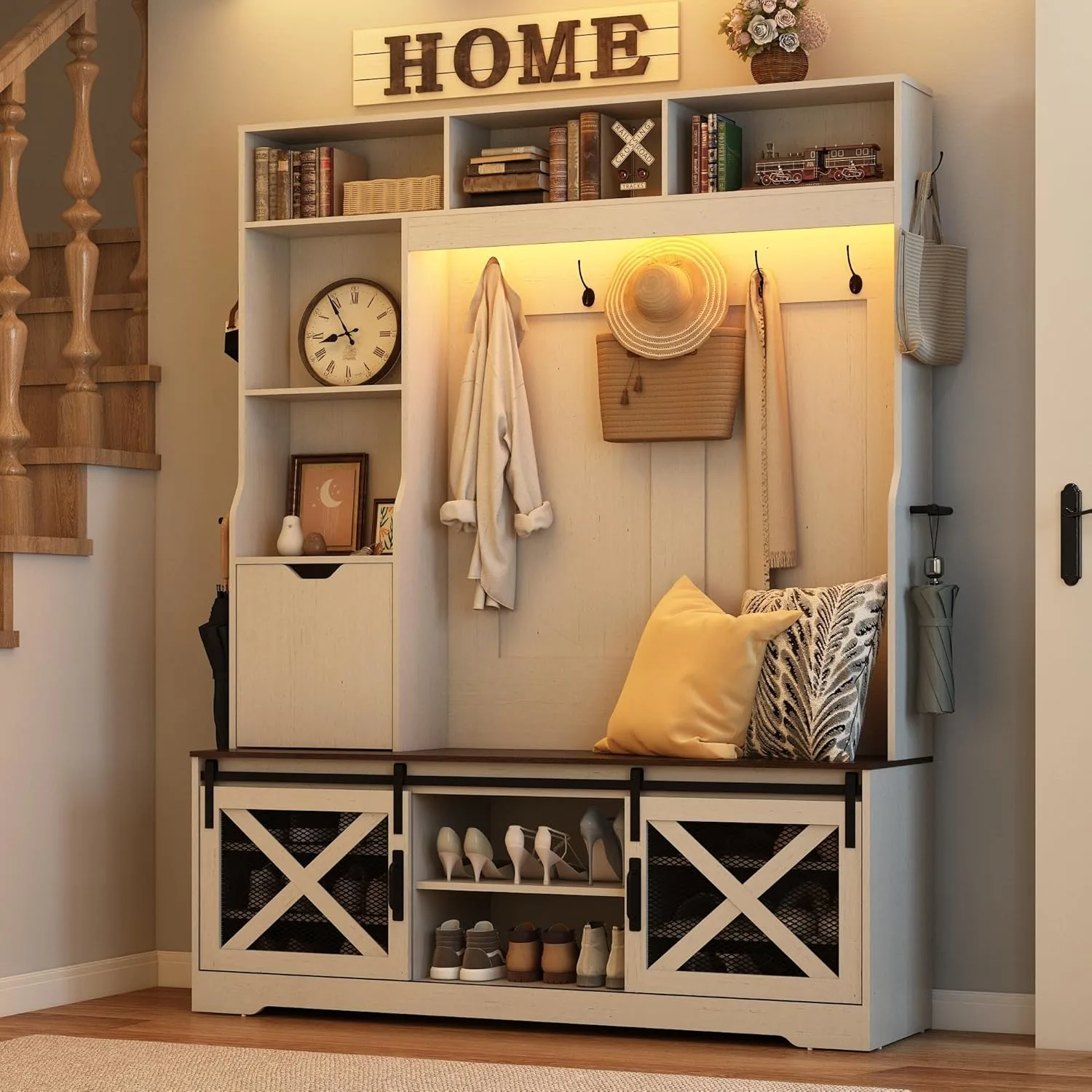 led hall tree bench shoe storage 1