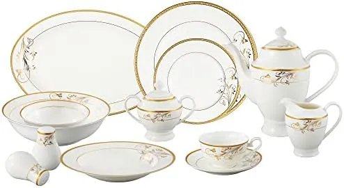 Loren Home Trends La Luna Bone China 57-Piece Dinnerware Set, 24K Gold Floral Design, Service for 8