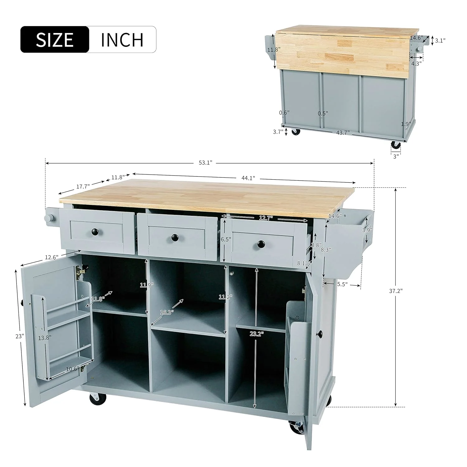 lumisol rolling kitchen island cart drop leaf gray blue 2