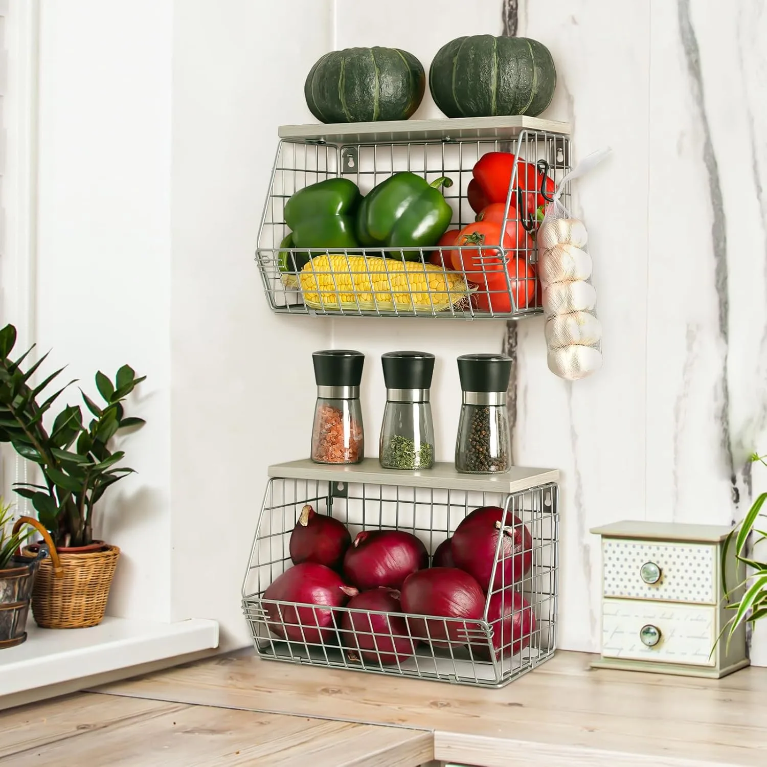 mefirt 2pcs silver stackable fruit baskets wood lid 1