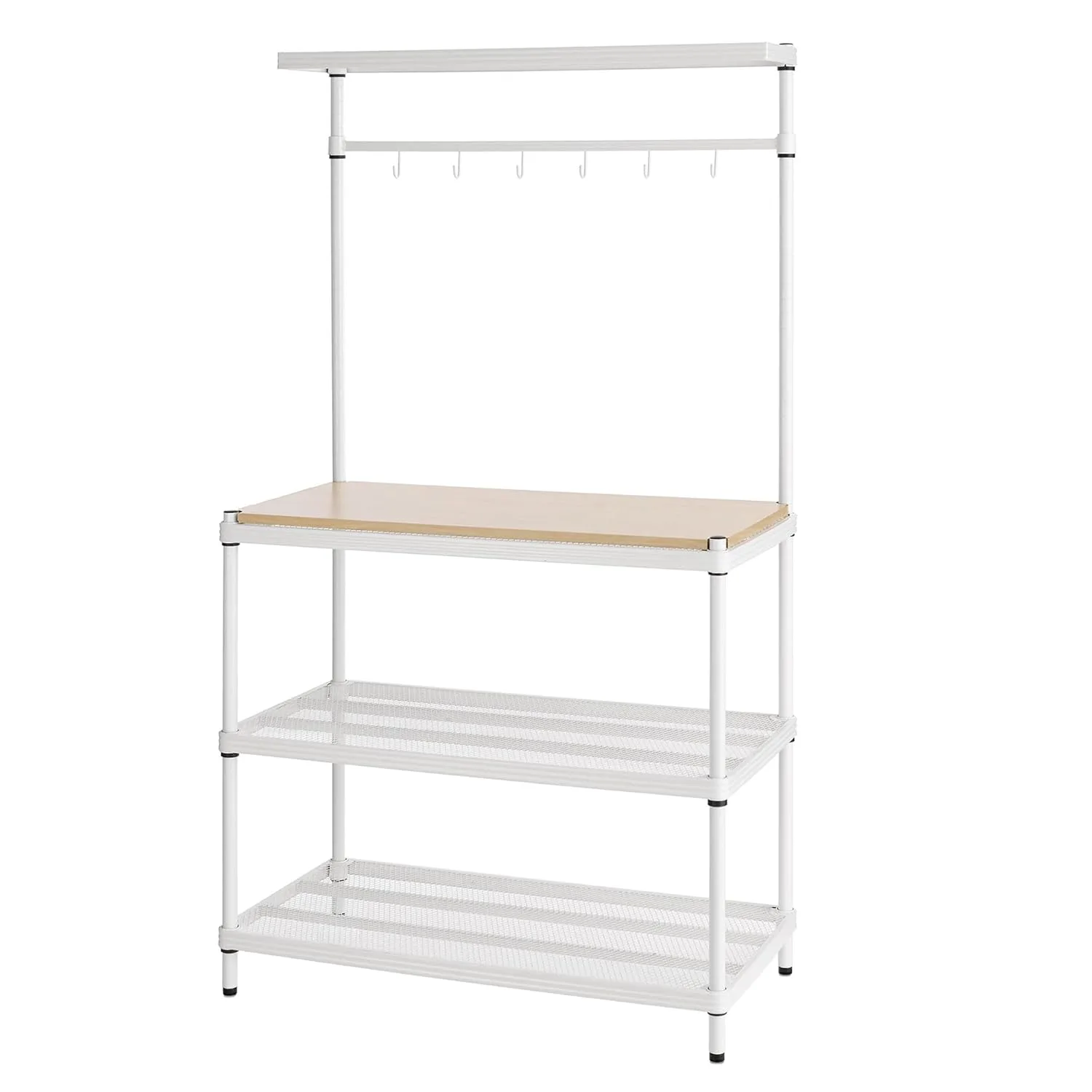 mesh metal storage shelf wood top 1