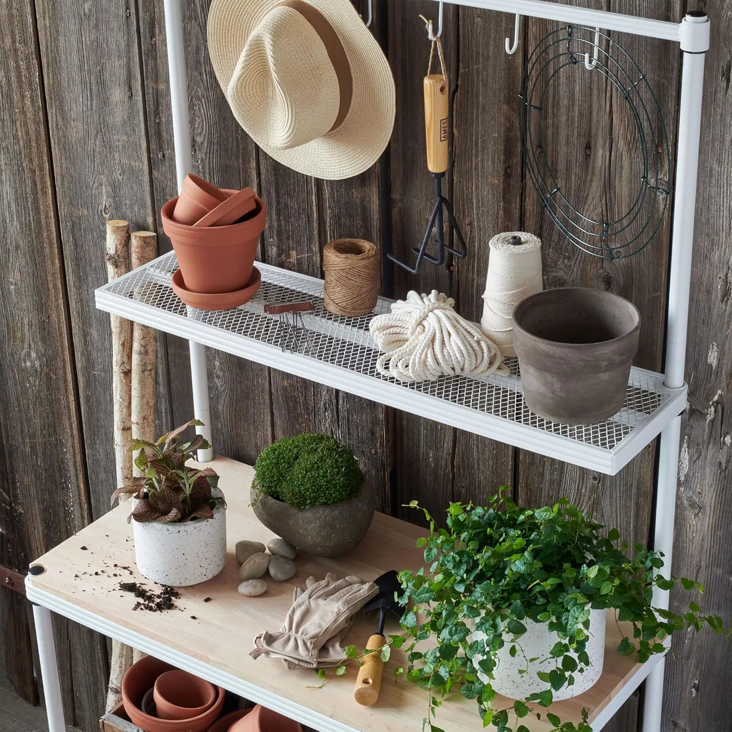 mesh metal storage shelf wood top 2