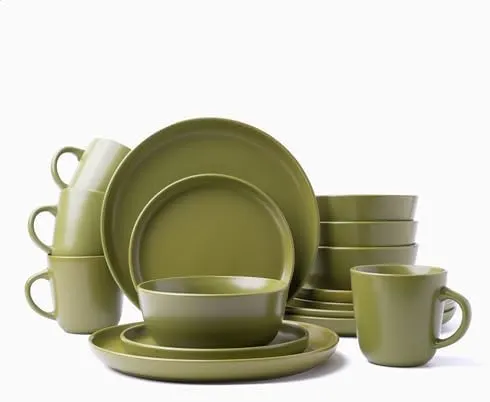 MULLERHEIM 16-Piece Stoneware Dinnerware Set for 4, Greek Olive - Modern Ceramic Plates, Bowls, and Mugs - Includes Dinner Plates, Salad Plates, Cereal Bowls, and Mugs