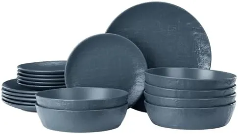 Navaris Linen Artisan 18-Piece Dinnerware Set - Plate and Bowl Set for 6 - Includes Dinner Plates, Side Plates, and Pasta Bowls - Smoky Blue