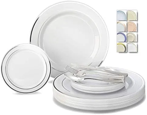 Okayjiinz Faynst Plastic Tableware Set, 600-Piece Disposable Dinnerware for 120 Guests, Wedding Party Silverware Set (White with Silver Rim Plates, Silver Silverware)