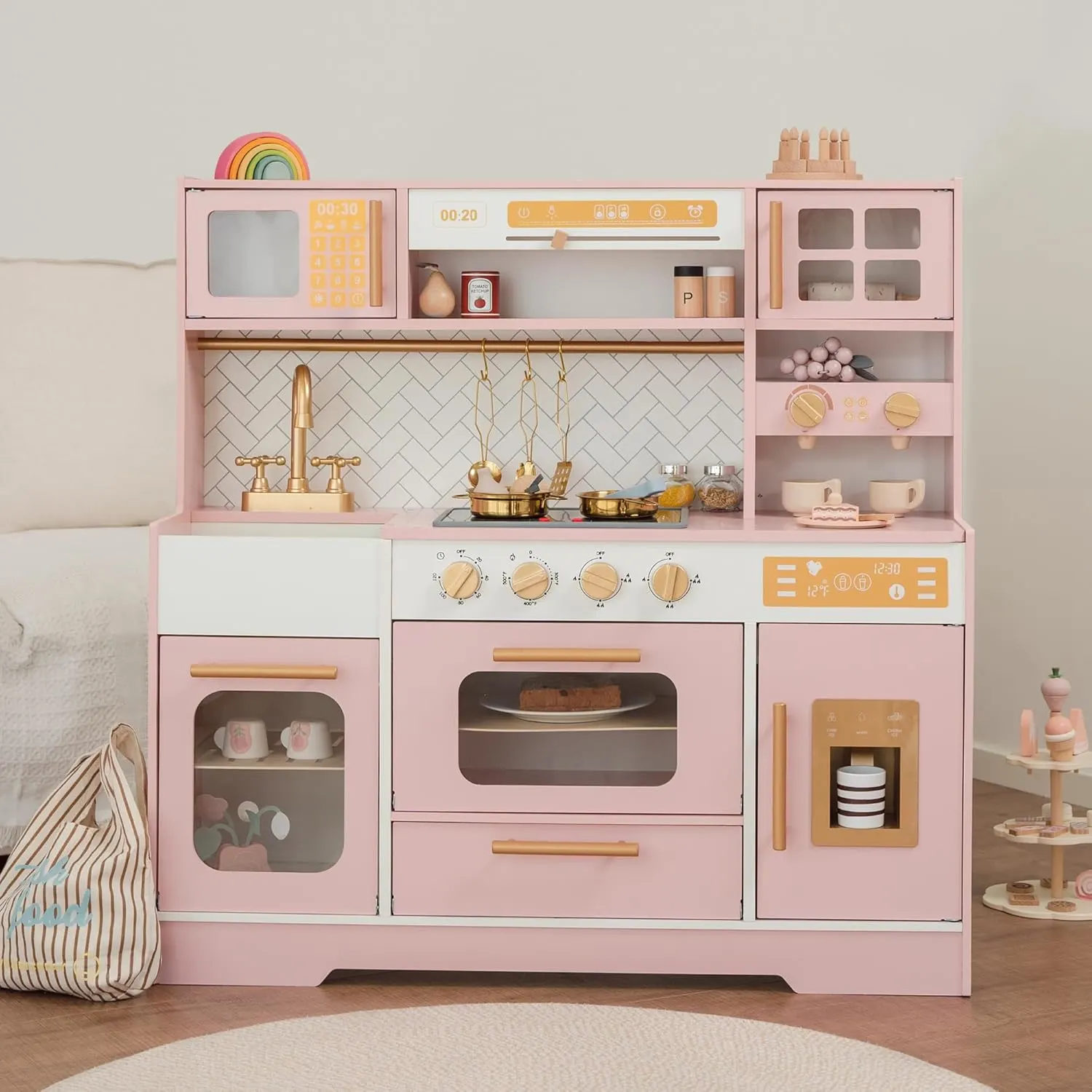 pink wooden play kitchen kids 1