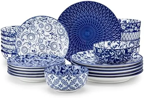 24-Pc Selene Dinnerware Set - Elegant Blue & White