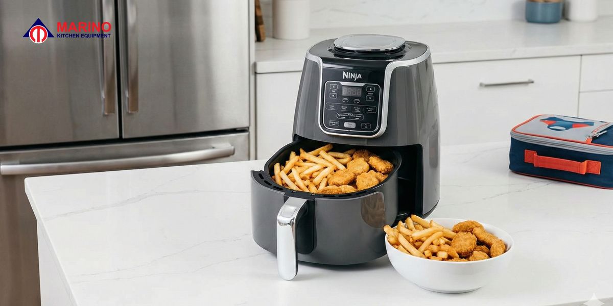 Philips vs Ninja Air Fryer comparison showing roasted chicken wings and crispy french fries on a Dubai kitchen counter.