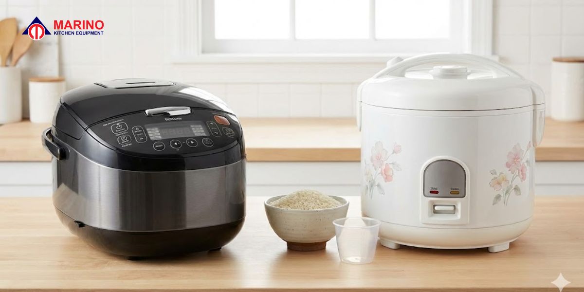 Close-up comparison of fluffy white Basmati rice in Nutricook Smart Pot versus crispy brown bottom rice in Panasonic cooker.