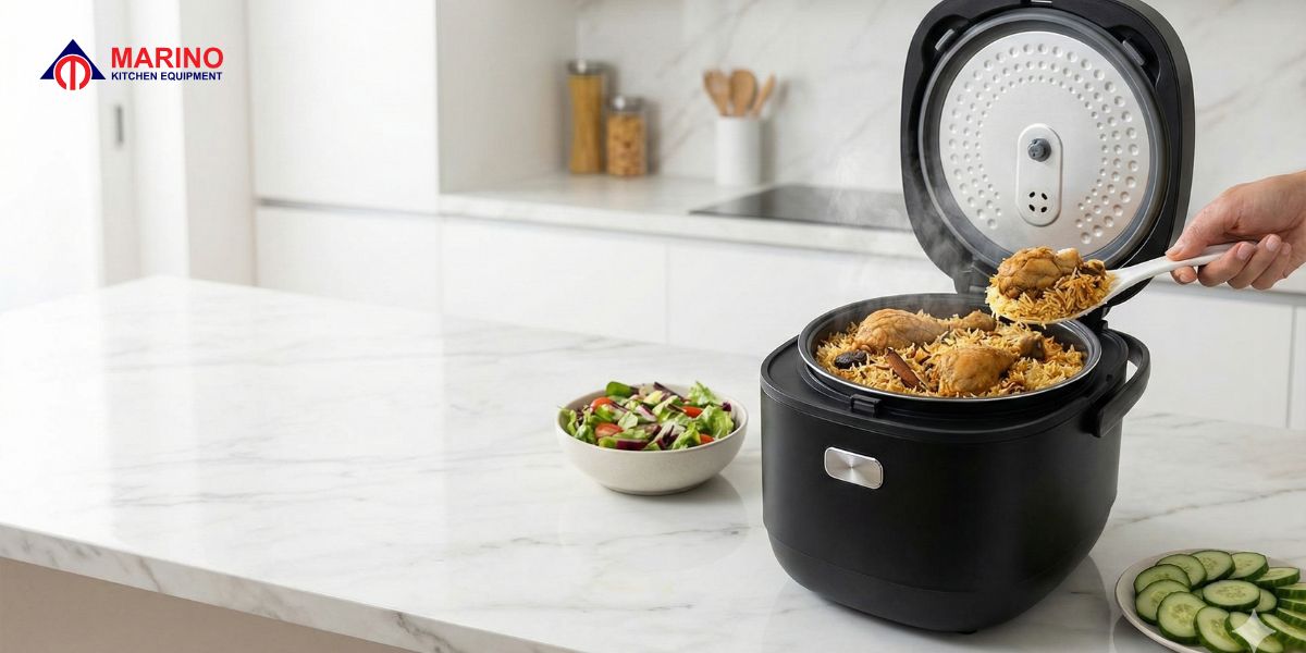 Close-up comparison of fluffy white Basmati rice in Nutricook Smart Pot versus crispy brown bottom rice in Panasonic cooker.